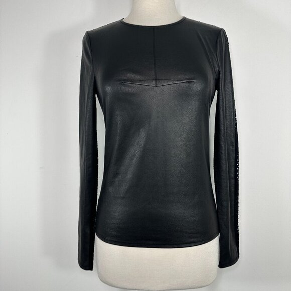 NWT BCBG MAX AZRIA Callan Long Sleeve Faux Leather Mesh Contrast Back Top XXS - Picture 3 of 13